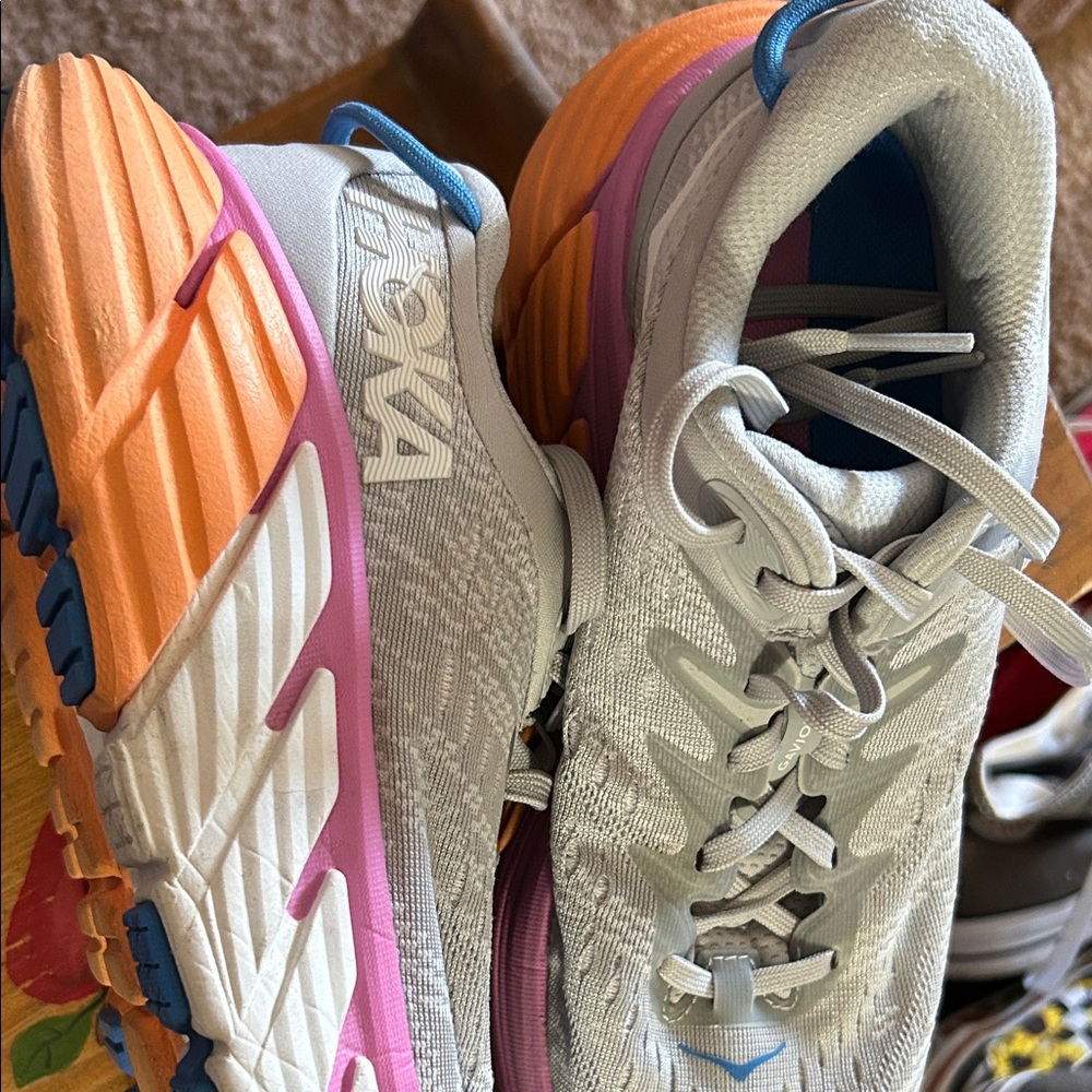 Hoka Women's Gray and Orange Athletic Shoes with Pink Accents